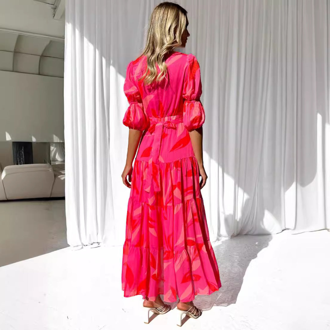 Ladies' flared maxi dress with V-neck, elastic underbust seam, and tiered skirt Mune Fashion