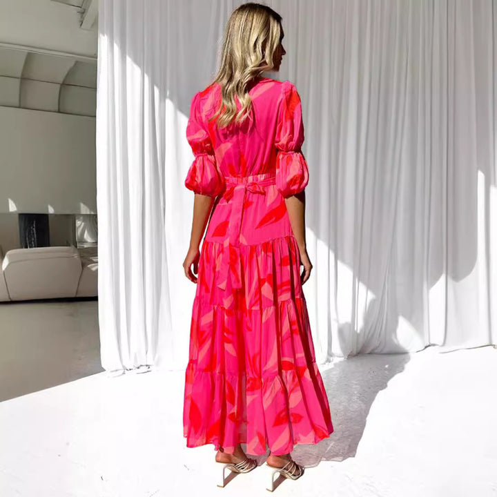 Ladies' flared maxi dress with V-neck, elastic underbust seam, and tiered skirt Mune Fashion
