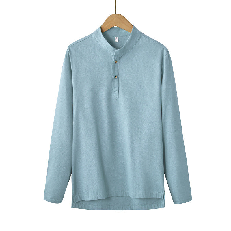 Men's long-sleeved Henley shirt with stand-up collar and concealed button placket made of cotton blend Mune Fashion
