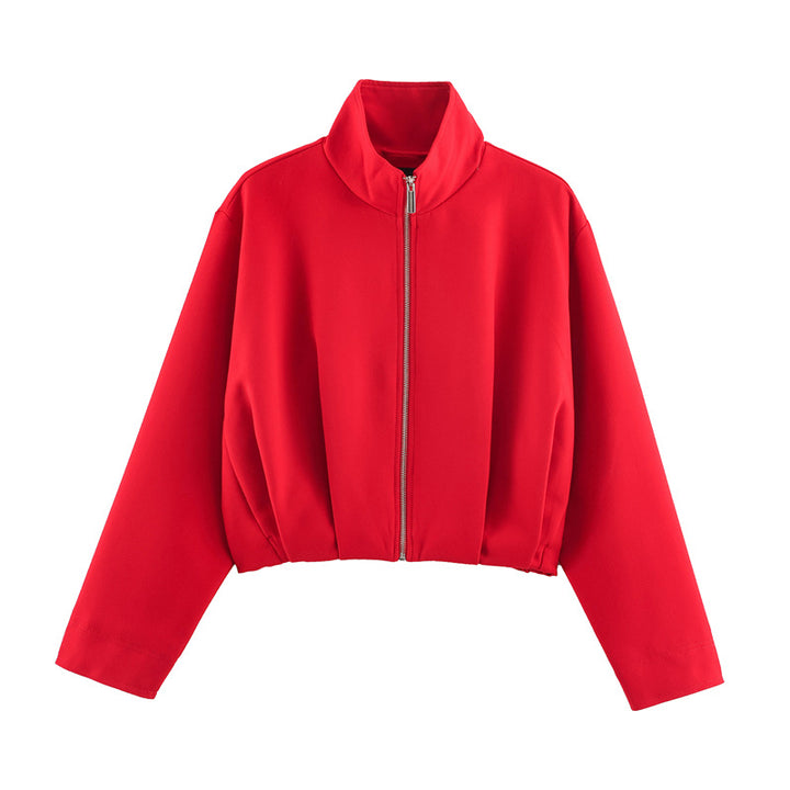 Women Boxy-Cropped Blouson Jacket with high stand-up collar and fitted elastic waistband Drune