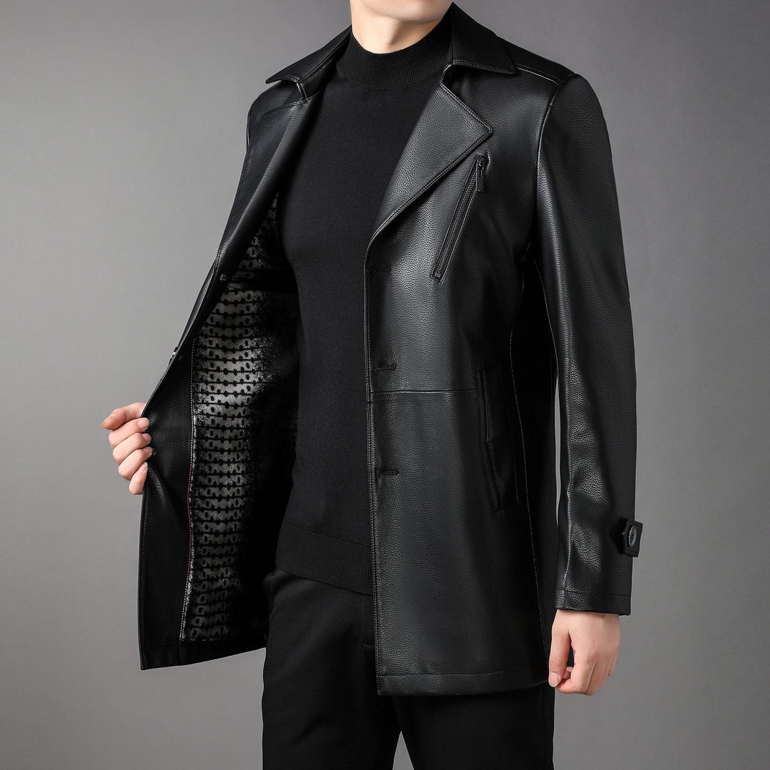 Men's long leather coat with lapel collar and chest zip Mune Fashion