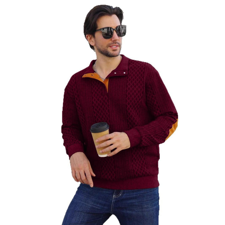 Men's structured Henley pullover with stand-up collar, button placket and leather-look elbow patches Mune Fashion