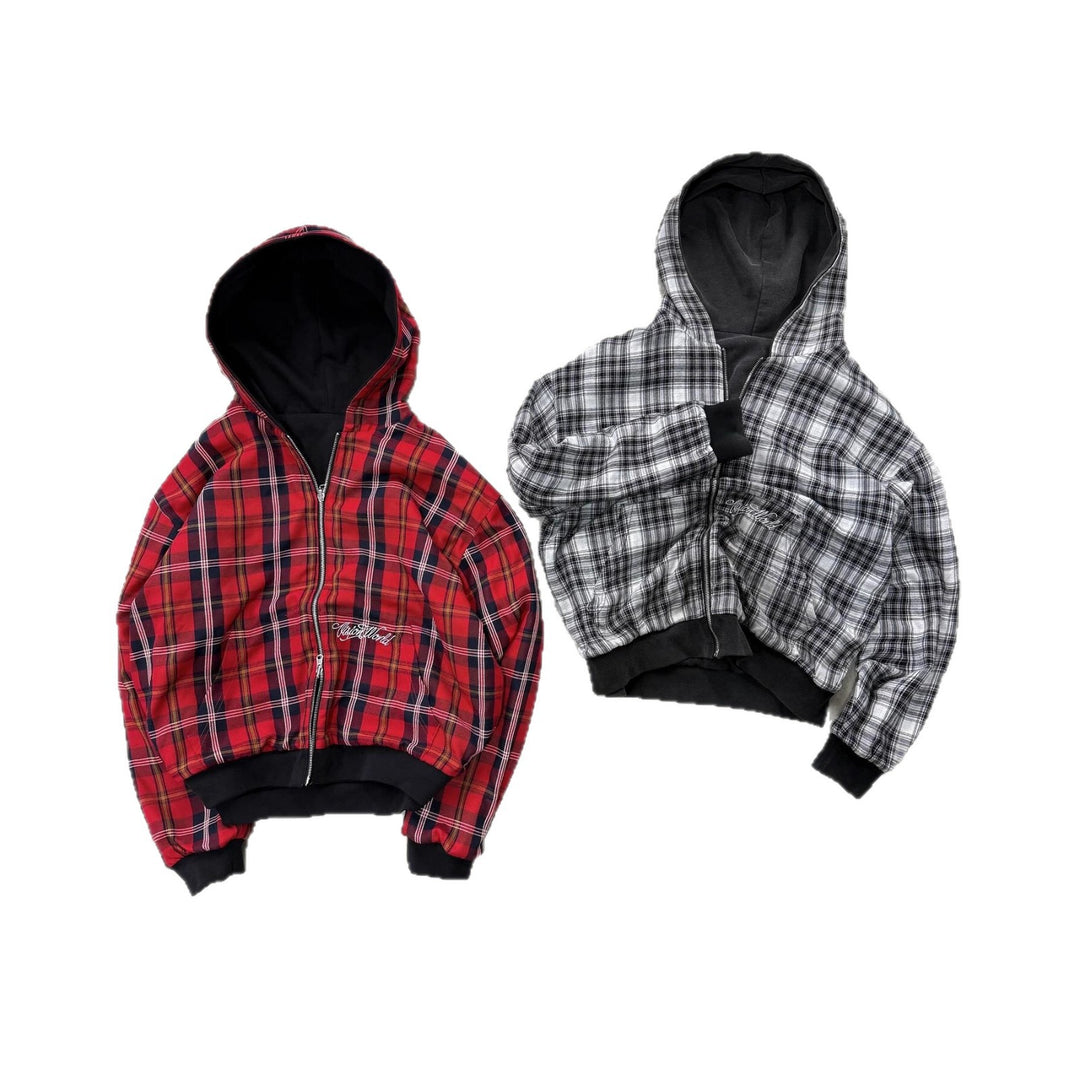 Unisex nan reversible hoodie jacket with checked lining, full zip and kangaroo pocket Mune Fashion