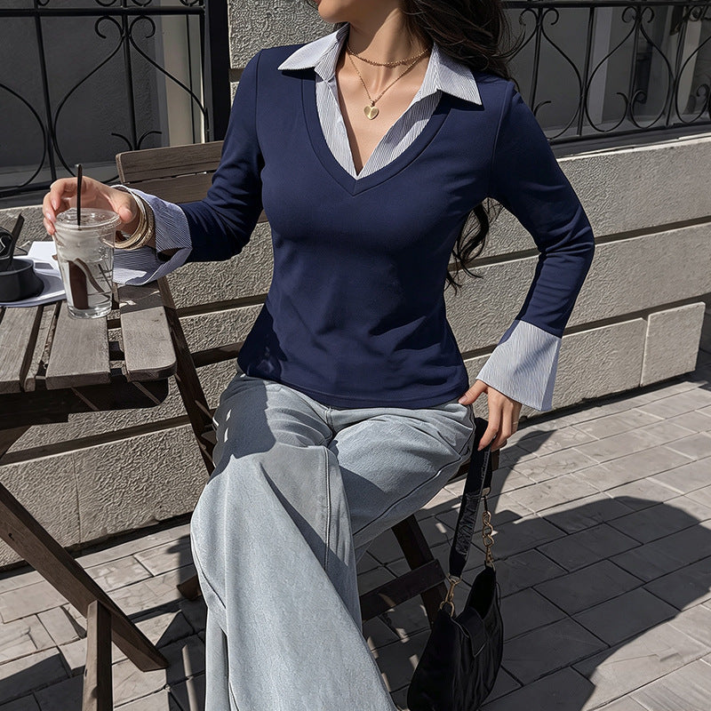 Women Fitted Layering Long Sleeve Shirt with Shirt Collar and Flared Cuffs Mune Fashion