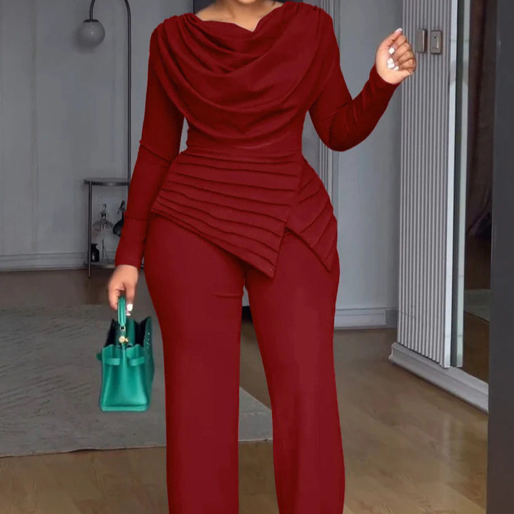 Women's Two-Piece Set with Waterfall Draped Top, Tiered Peplum and Straight Pleated Trousers Drune
