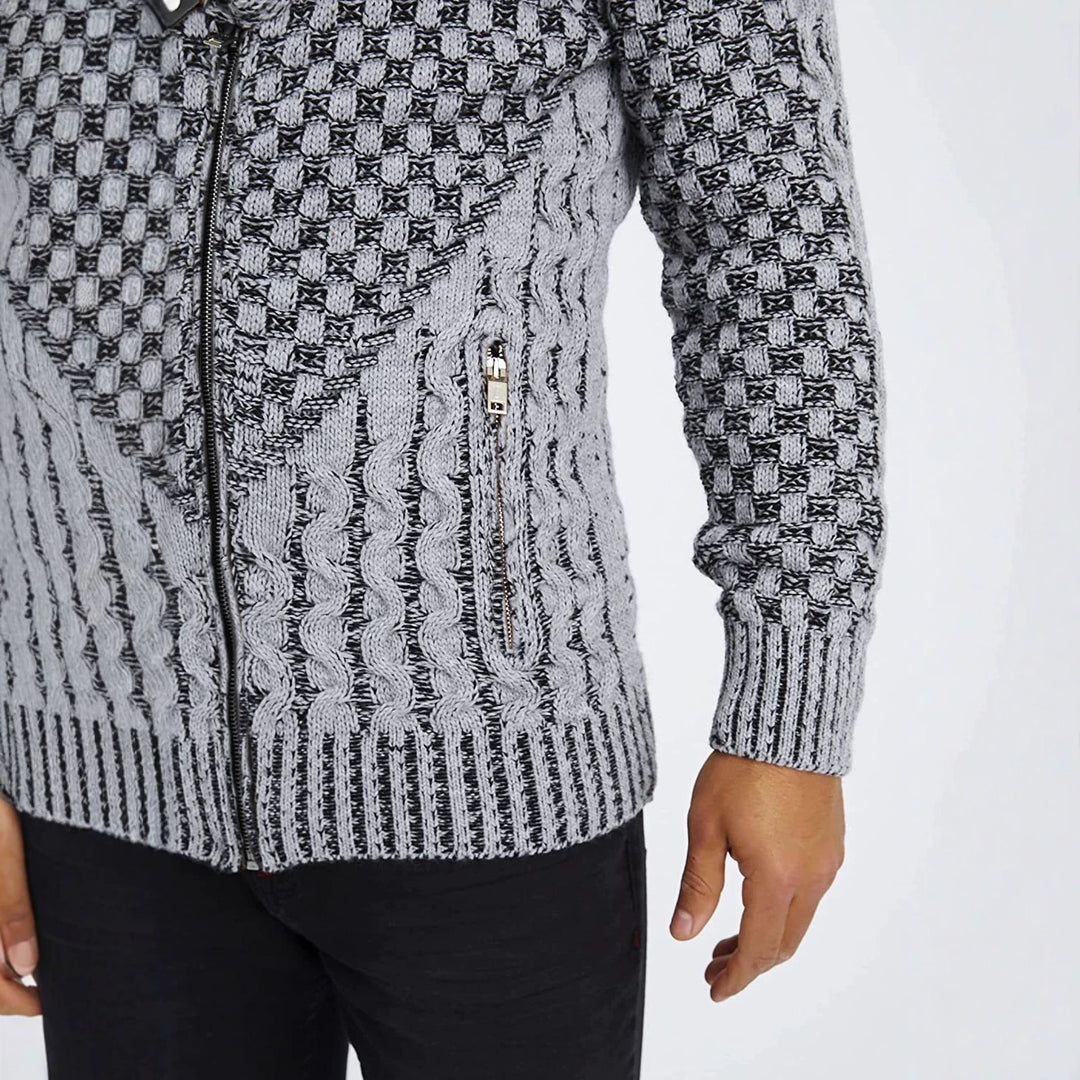 Men's chunky knit cardigan with asymmetric wrap collar and zipper Mune Fashion