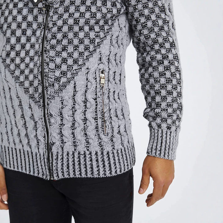 Men's chunky knit cardigan with asymmetric wrap collar and zipper Mune Fashion