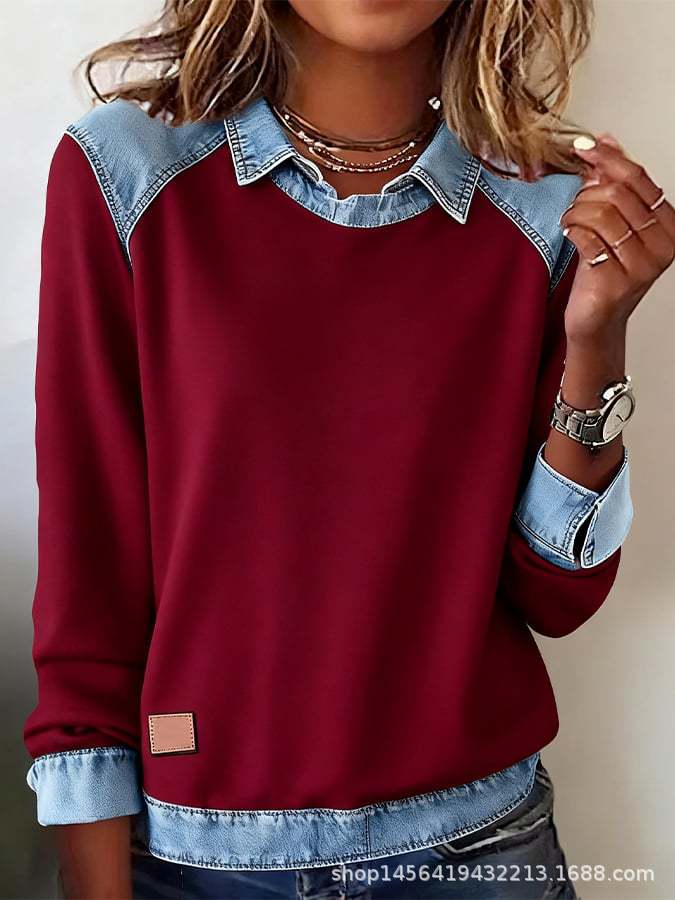 Women's knit sweater with denim collar and button placket Mune Fashion