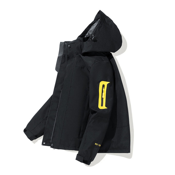 Men's Waterproof Softshell Outdoor Jacket with Hood, Sleeve Zipper Pocket and Windproof Membrane Mune Fashion