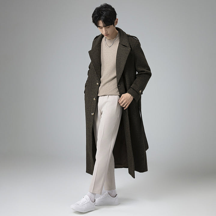 Men's maxi-length wool blend coat with tailored silhouette, shawl collar, and decorative shoulder straps Mune Fashion
