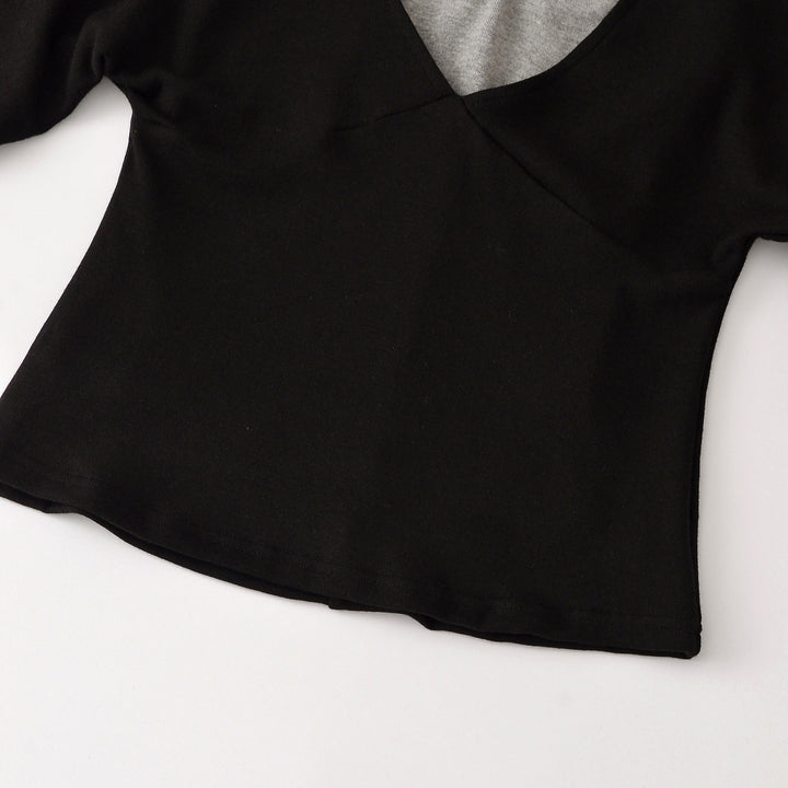Women's Layered Look Long Sleeve Shirt with Deep V-Neck and Integrated Camisole Mune Fashion
