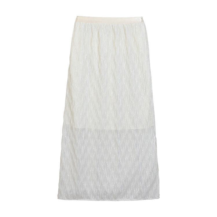 Women's embroidered midi maxi skirt with fine glitter mesh and elastic comfort waistband.