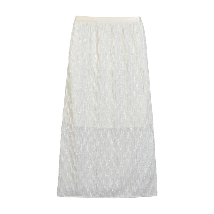 Women's embroidered midi maxi skirt with fine glitter mesh and elastic comfort waistband.