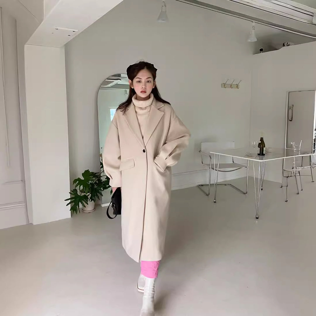 Women Longline Wool Blend Coat with boxy oversized fit and clean lapel Mune Fashion