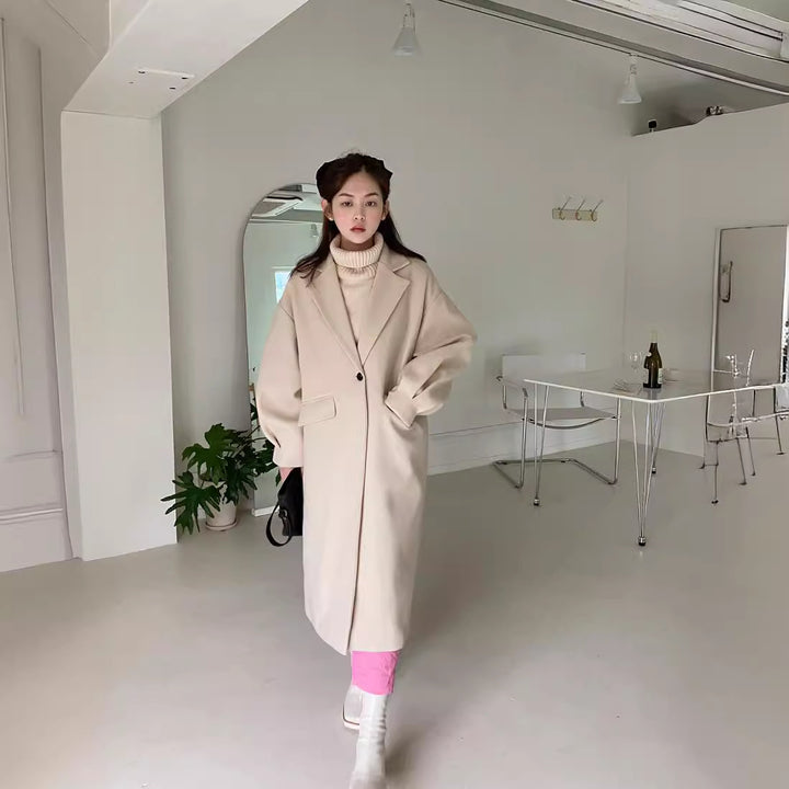 Women Longline Wool Blend Coat with boxy oversized fit and clean lapel Mune Fashion