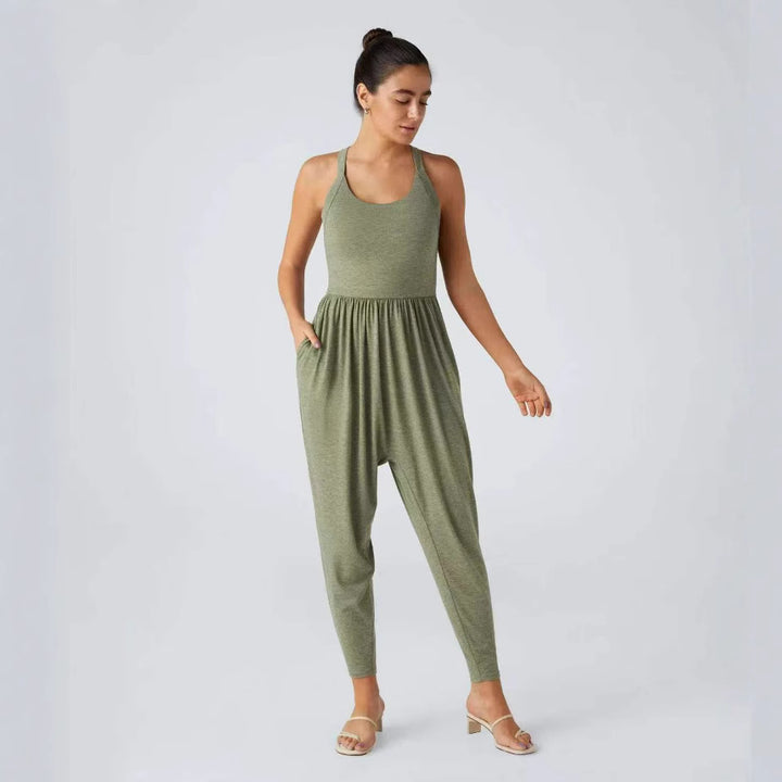 Women's casual jersey jumpsuit with racerback, smocked waist and side pockets Mune Fashion