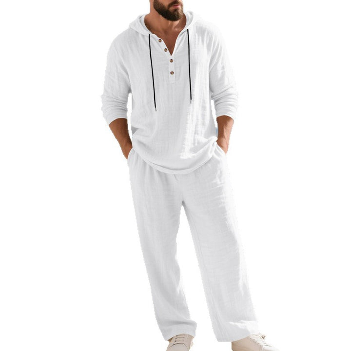 Men's casual linen two-piece set with hooded Henley-style shirt and loose-fitting leisure pants Mune Fashion