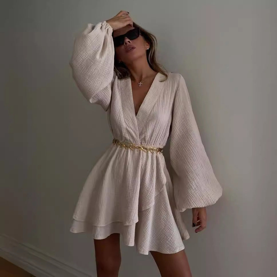 Women's Airy Wrap Dress with Ruffle Layers and Balloon Sleeves Mune Fashion