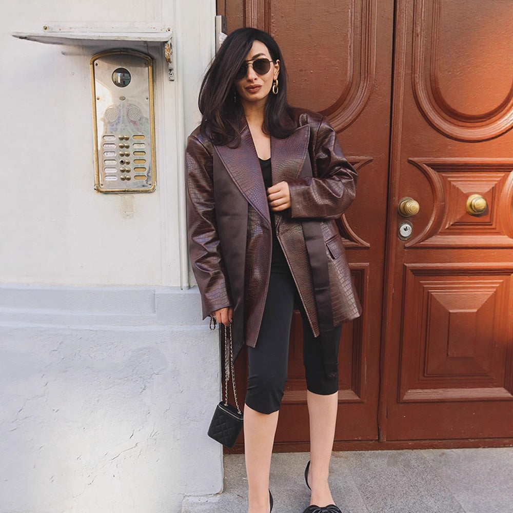 Ladies Oversized Blazer Coat in Crocodile Embossing with Shawl Collar and Tie Belt Mune Fashion