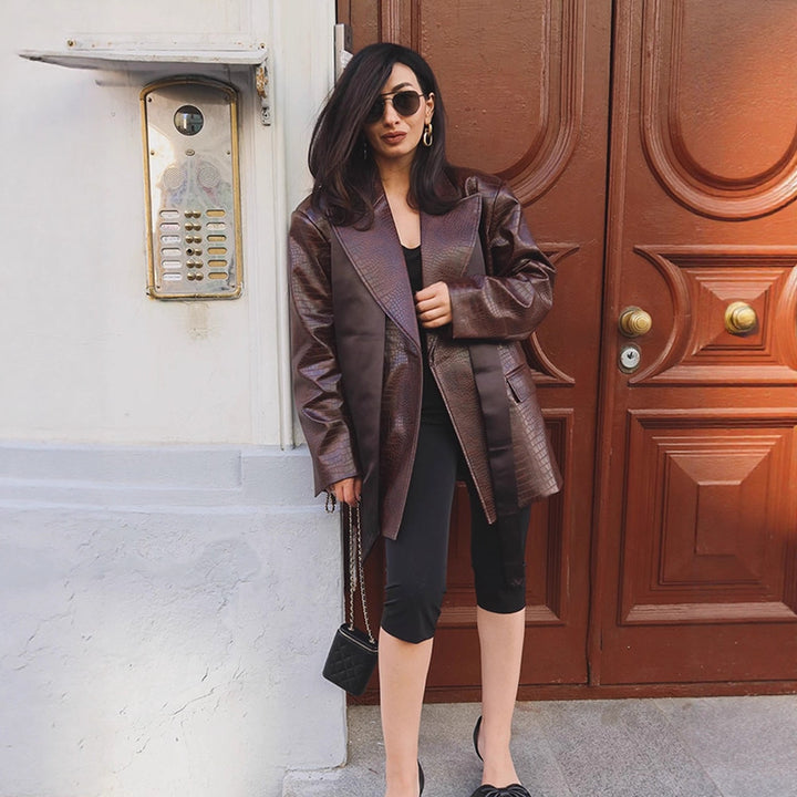 Ladies Oversized Blazer Coat in Crocodile Embossing with Shawl Collar and Tie Belt Mune Fashion