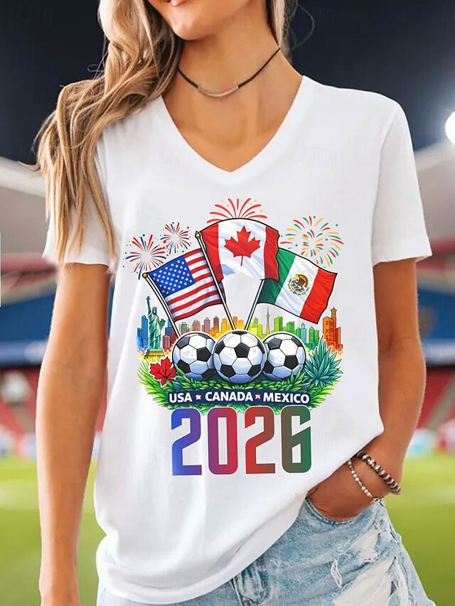 Women’s V-neck Retro Print T-shirt with Eagle Emblem and vintage-inspired Graphic Mune Fashion