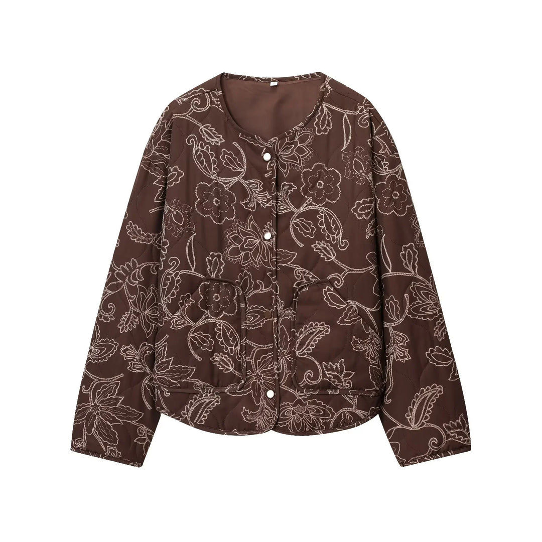 Women's padded short jacket with floral quilting pattern, snap button front and waist drawstring Mune Fashion