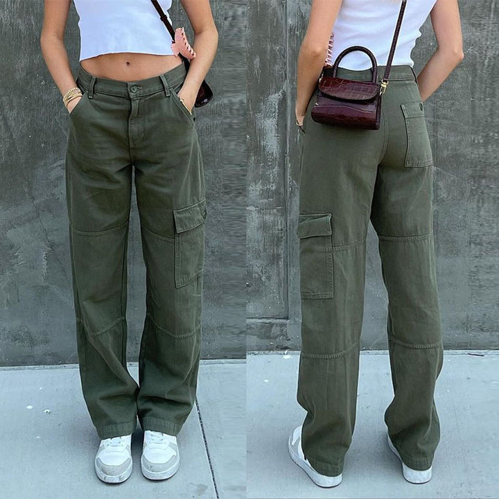 Ladies High-Waisted Relaxed Cargo Pants with Wide Leg and Knee Pleats Mune Fashion