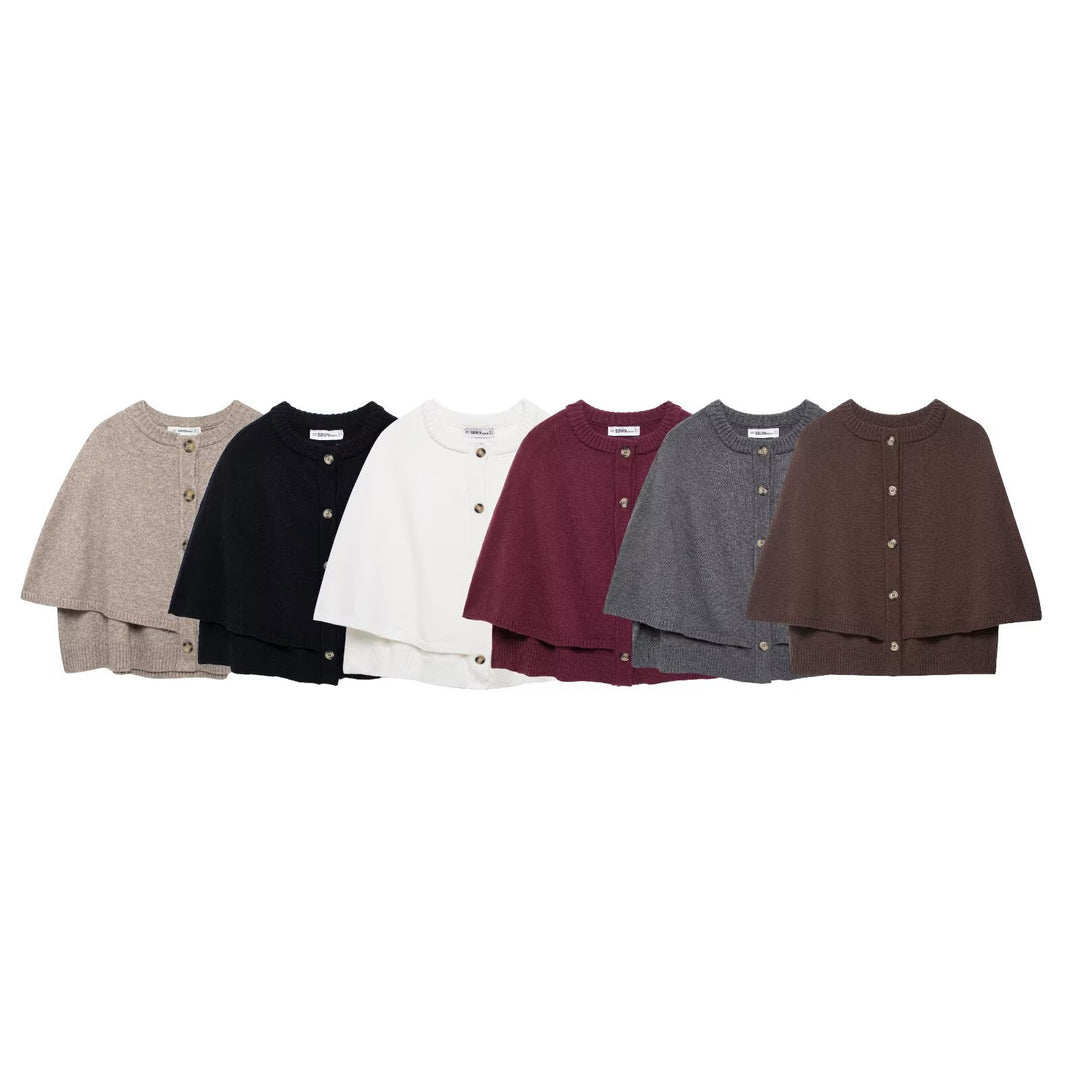Women Cape Cardigan with Button Placket and Two-Layer Cape Mune Fashion
