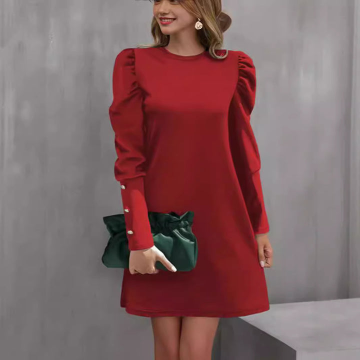 Ladies elegant A-line mini dress with gathered puff sleeves and decorative cufflinks Mune Fashion