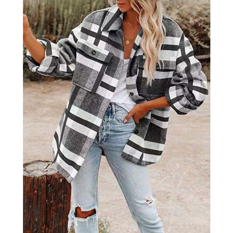 Women's Oversize Check Shirt Jacket with Chest Pockets and Soft Flannel Mune Fashion
