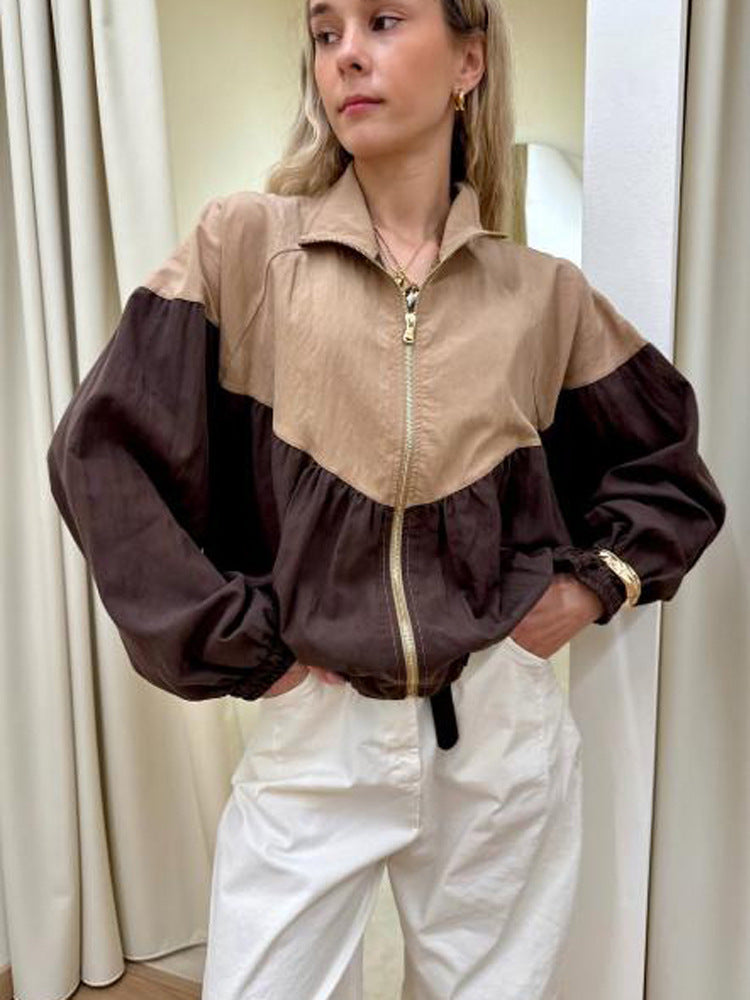 Women's short cut multicolored bomber jacket with drawstring, raglan sleeves, and zipper Mune Fashion