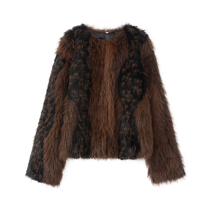 Women's Short Cut Faux Fur Jacket with Striped Fur Texture Mune Fashion