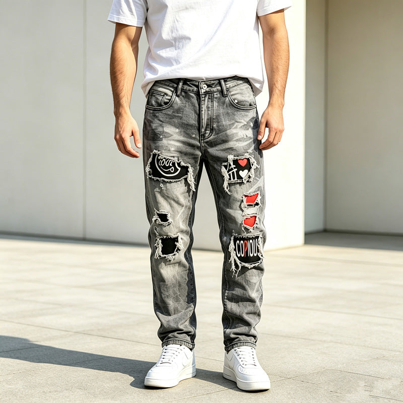 Men's Fashion Destroyed Jeans with Creative Patches Mune Fashion