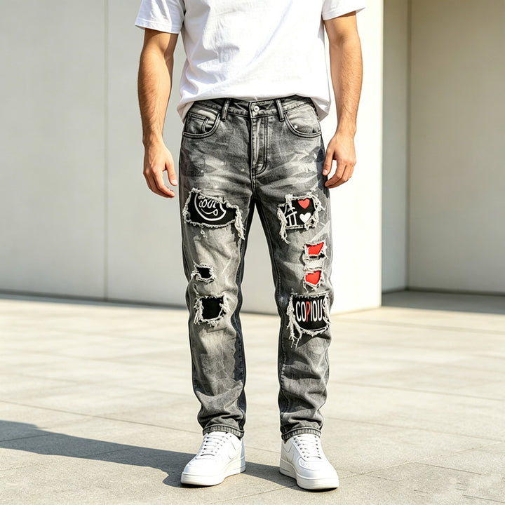 Men's Fashion Destroyed Jeans with Creative Patches Mune Fashion