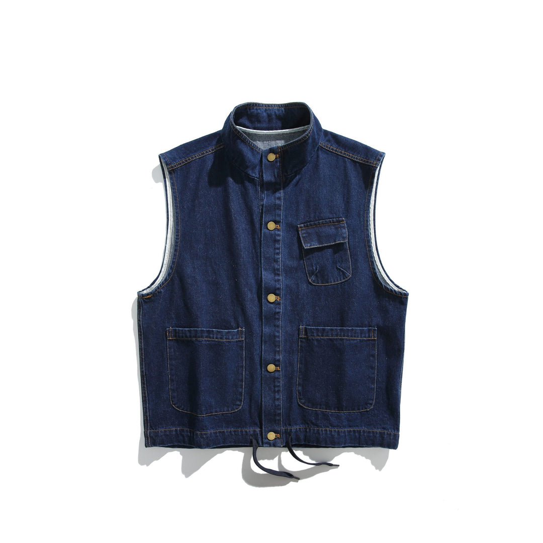 Unisex Denim Vest in Utility Style with Stand-Up Collar Mune Fashion