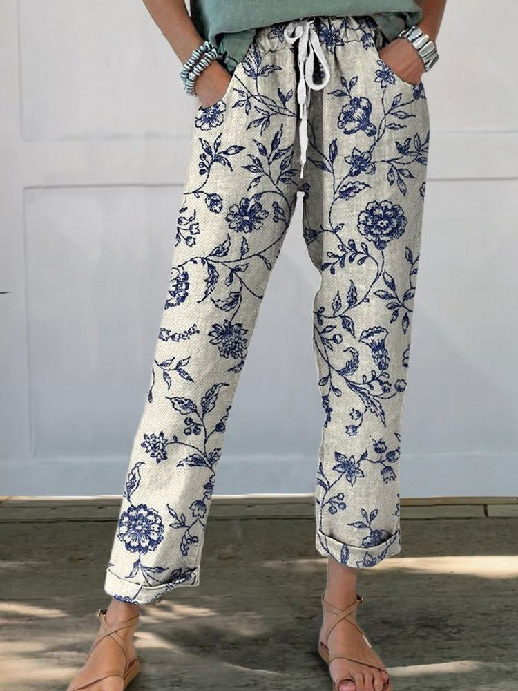 Women Linen Look Pants with Floral Print, Wide Leg and Drawstring Mune Fashion