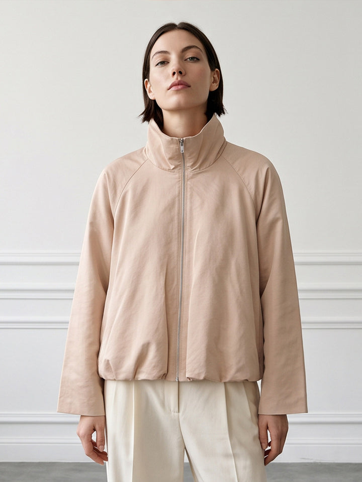 Women's light transitional jacket with high stand-up collar, raglan sleeves, and ballooned hem Mune Fashion