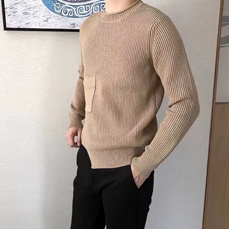 Men's coarse ribbed round neck pullover with patch chest pocket Mune Fashion
