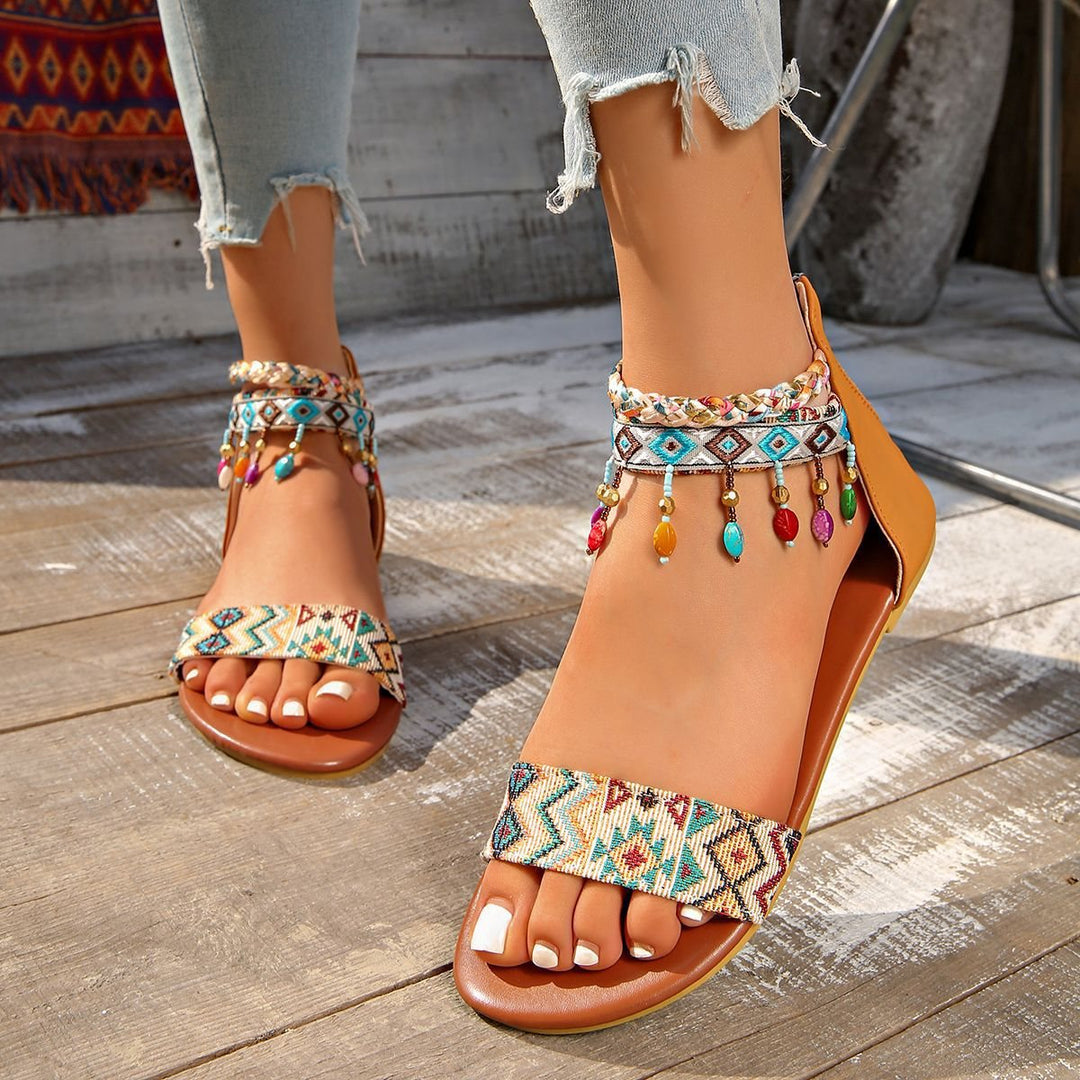 Women's Boho Sandals with Embroidered Straps, Braided Ankle Straps, and Decorative Beads Mune Fashion
