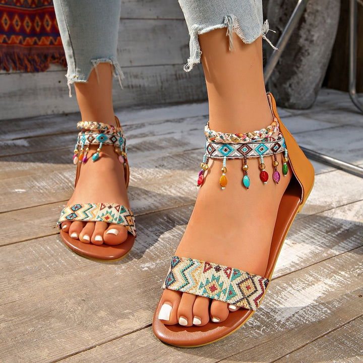 Women's Boho Sandals with Embroidered Straps, Braided Ankle Straps, and Decorative Beads Mune Fashion