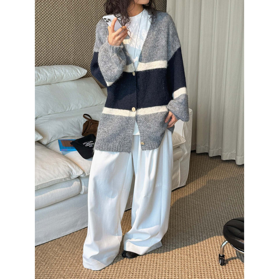 Women's Soft Oversized Knit Cardigan with V-Neck, Block Stripes and Button Placket Mune Fashion