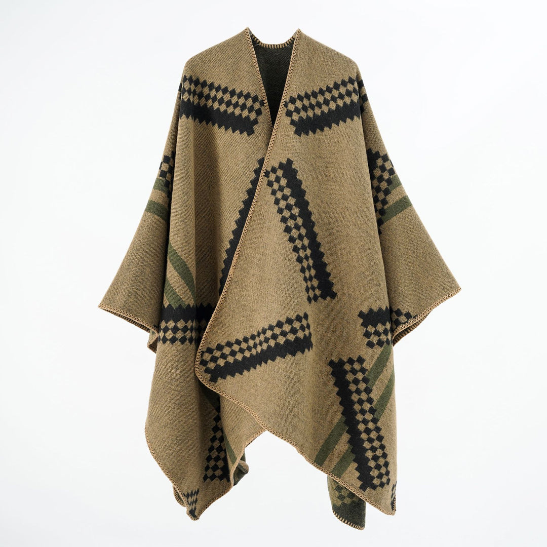 Women's Oversized Poncho Cape made of Wool Blend with Geometric Jacquard and Decorative Stitching Mune Fashion