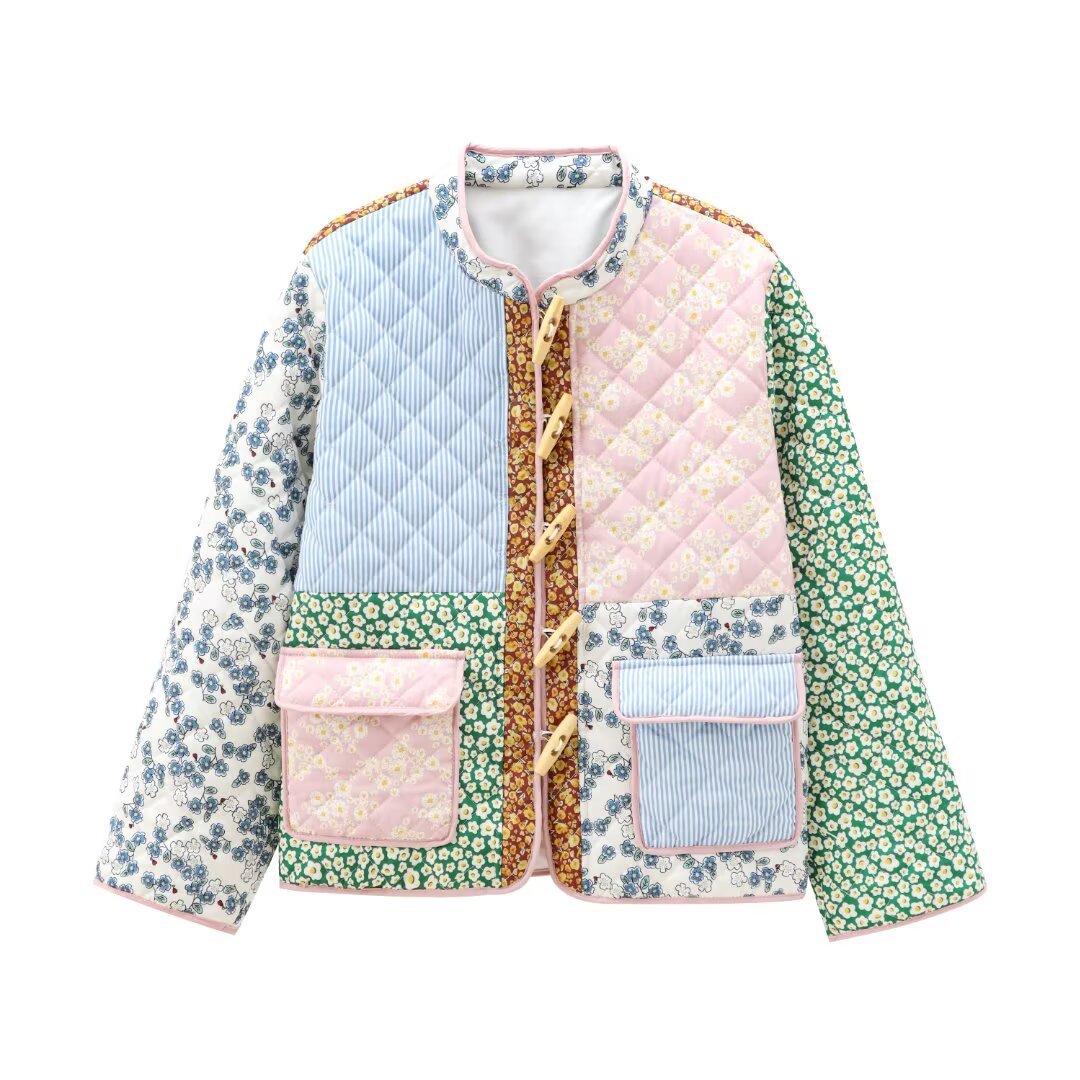 Ladies' retro-inspired quilted patchwork jacket with stand-up collar, wood button closures, and flap pockets Mune Fashion