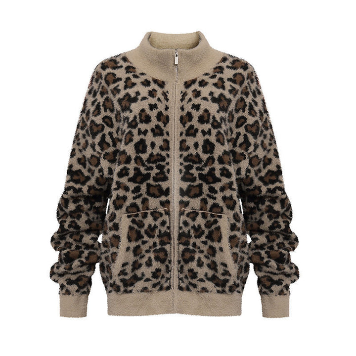 Women's Fluffy Teddy Fleece Jacket with Leopard Print and Front Zipper Mune Fashion