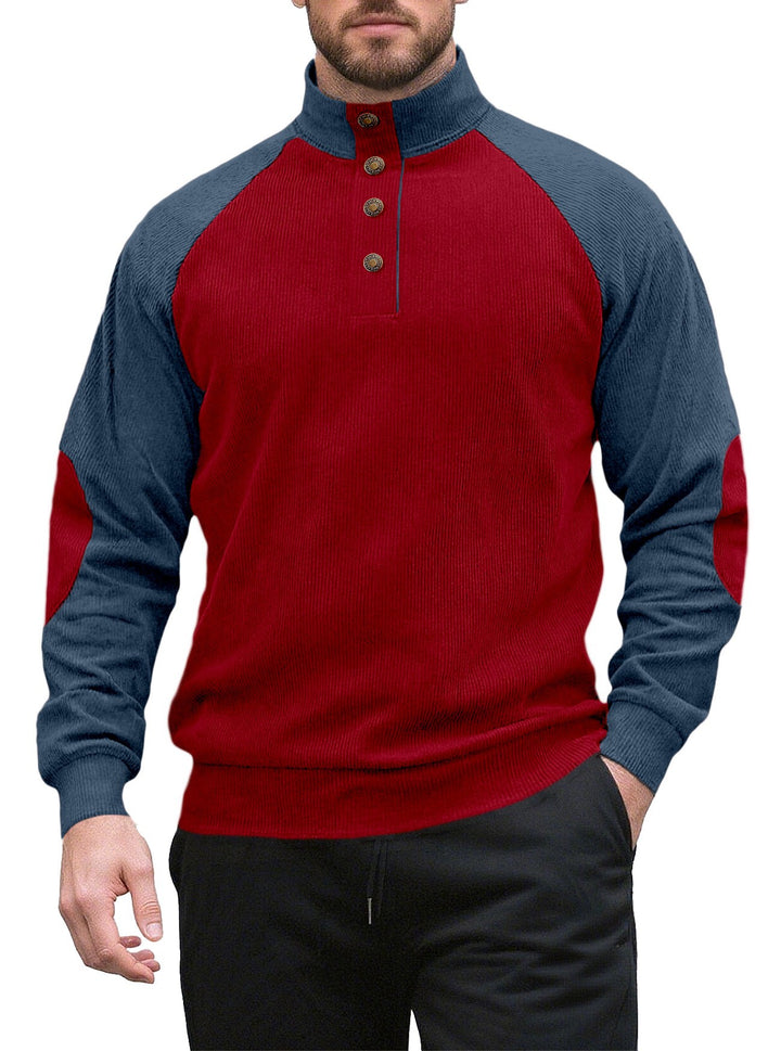 Men's two-tone ribbed troyer with asymmetrical button placket and velour elbow patches Mune Fashion