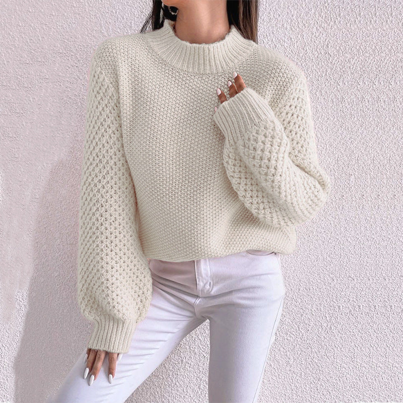 Women's Short-Cut Chunky Knit Sweater with Voluminous Mesh-Structure Sleeves and Stand-Up Collar Mune Fashion