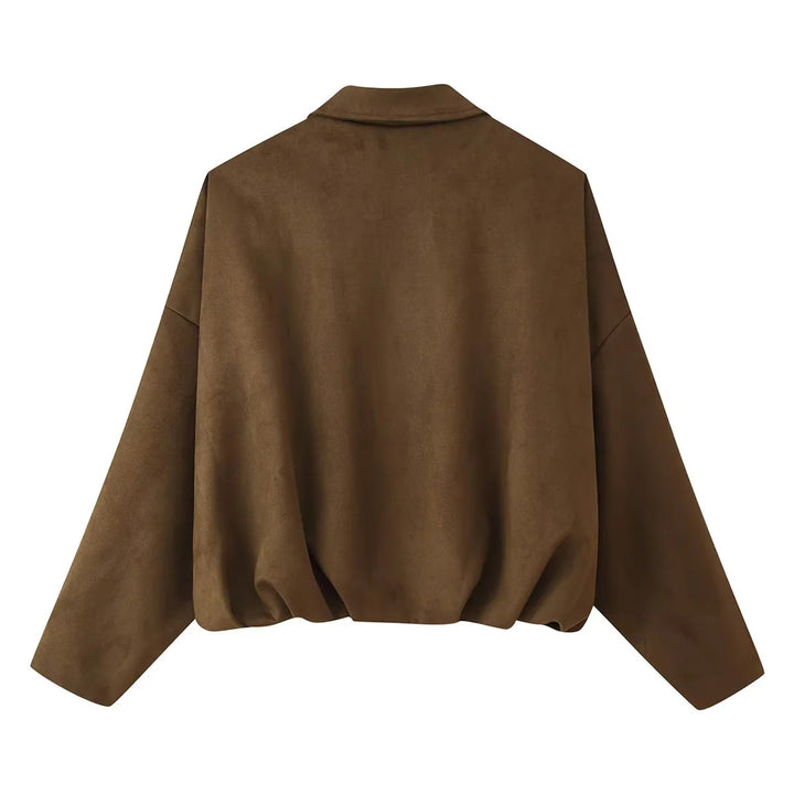 Ladies short cut oversized blouson jacket with shoulder epaulettes, concealed front placket and elastic cord hem Mune Fashion