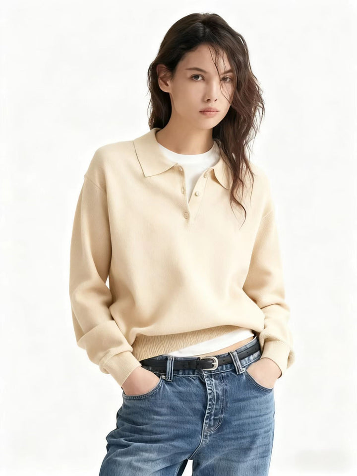 Women's fine-knit polo sweater with button placket and ribbed hem Drune