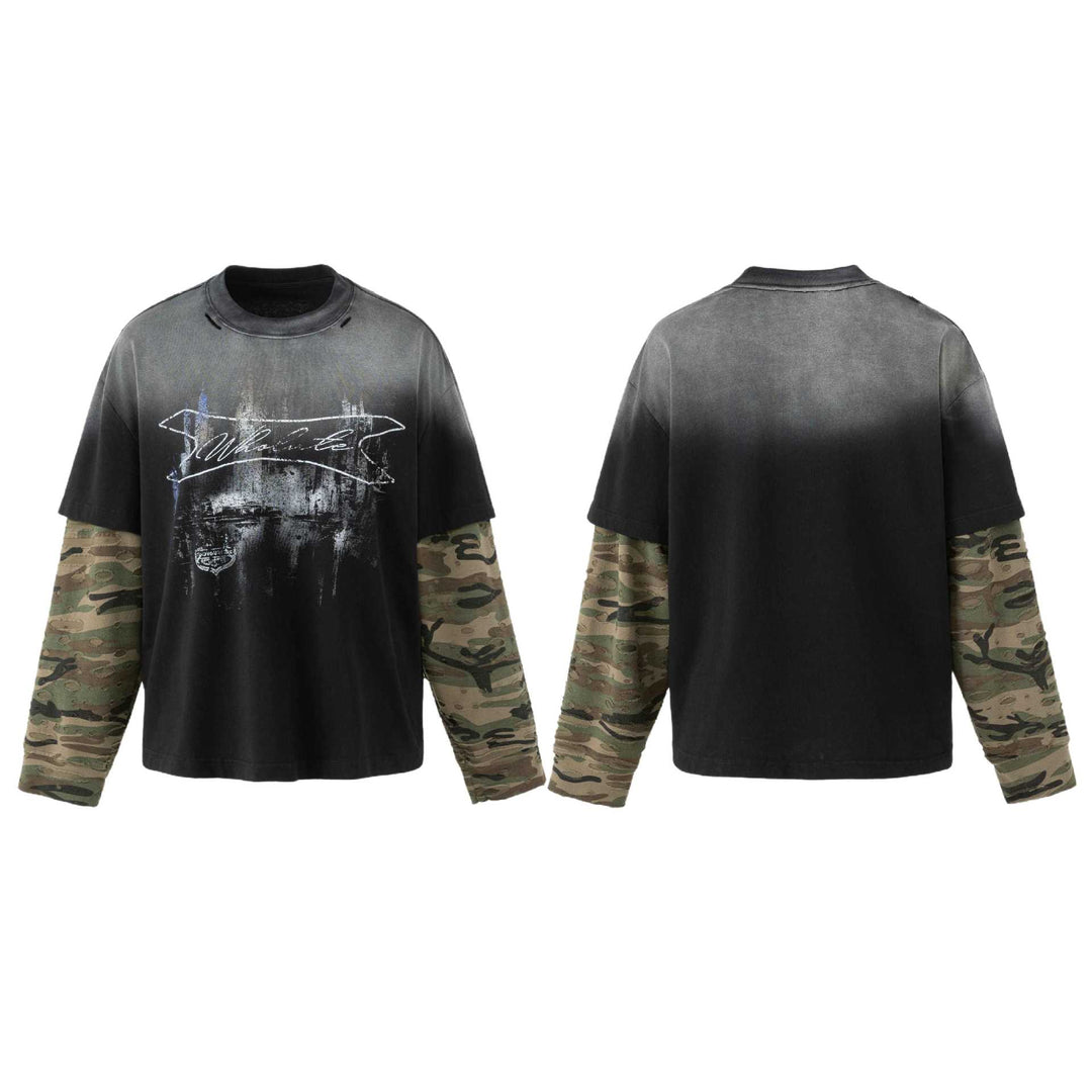 Men's loose-fitting layered look T-shirt with used effect and camouflage sleeves Mune Fashion