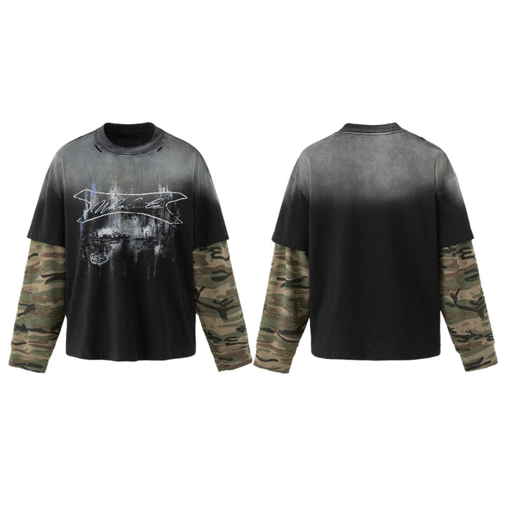 Men's loose-fitting layered look T-shirt with used effect and camouflage sleeves Mune Fashion